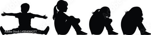 Kids sitting silhouettes expressing different emotions isolated on white background, child body language concept illustration set