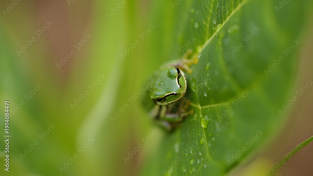 Naklejka premium Tiny green frog perched on wet leaf in natural habitat