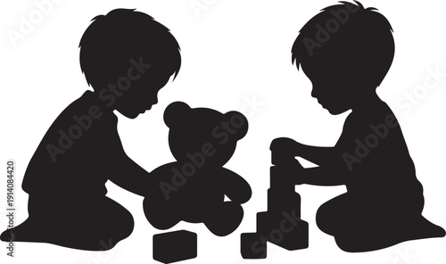 Two children playing with a teddy bear and blocks silhouette