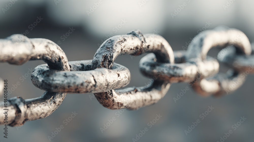Fototapeta premium Close-up of weathered heavy duty metal chain links representing strength and connection