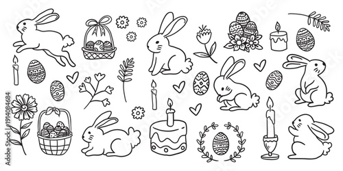 Hand drawn Easter element collection featuring bunny, eggs, candle, flowers, and leaves in cohesive outline style. Suitable for sticker packs, branding kits, greeting cards, and seasonal design sets.
