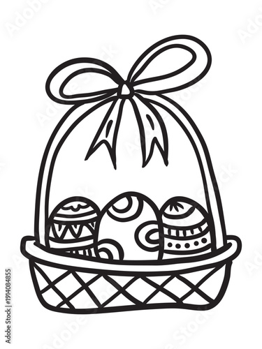 Long ribbon basket with three doodle decorated eggs in hand drawn outline style. Designed for Easter branding, greeting cards, seasonal packaging, sticker sets, and printable coloring sheets.
