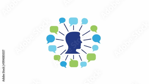 Blue Head Profile with Speech Bubbles.