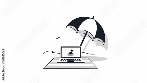 Laptop Protected by Umbrella from Rain.