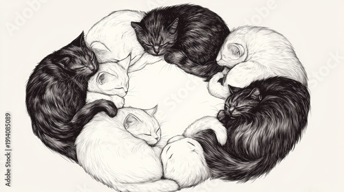 Wallpaper Mural An artistic depiction of yin and yang through a circle of sleeping cats. Cats of opposite colors harmoniously intertwined. A visual representation of balance and unity. AI Generative Torontodigital.ca