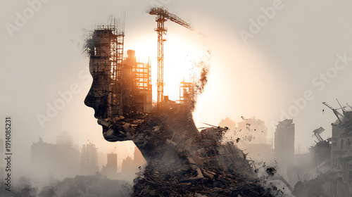 A surreal double exposure combining the silhouette of a human profile with a cityscape under construction and ruins. The imagery evokes thoughts of development, progress, and decay.