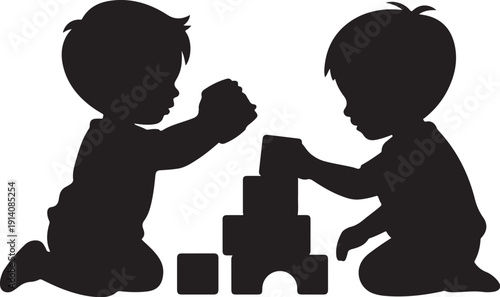 Two children playing with building blocks silhouette