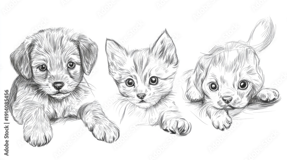 custom made wallpaper toronto digitalThree adorable animal drawings, a cat and two puppies. The drawing depicts close up image on neutral background AI Generative