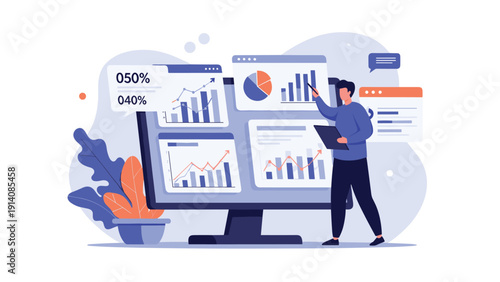 Data analyst uses a pointer to explain various performance charts and statistical graphs shown on a large desktop monitor in an office.