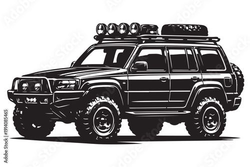 off road suv silhouette side view, adventure vehicle style, solid black silhouette, flat vector illustration, isolated on white background