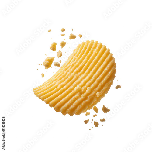 Wavy potato chip exploding explosion pieces isolated on a transparent background