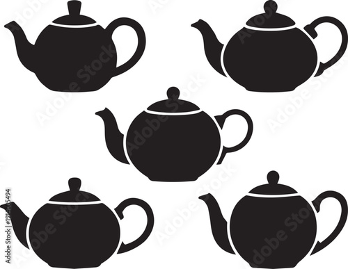 Black silhouettes of teapots on a white background in various orientations teapot