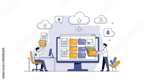 Office workers collaborate to organize and manage digital folders and files within a cloud based data storage system shown on a monitor.