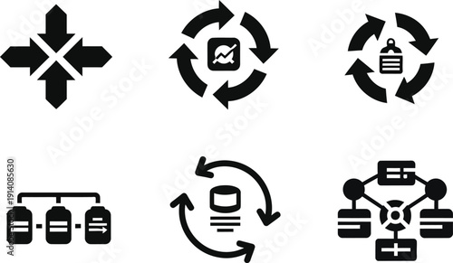Set of six black and white icons representing data flow and processes workflow