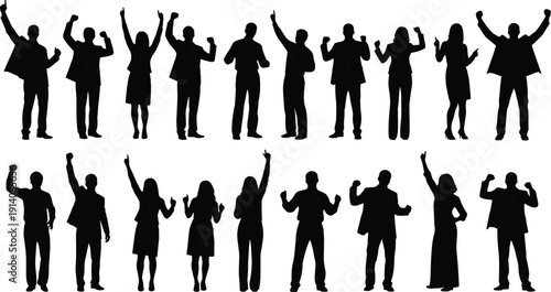 Business people celebrating success silhouettes vector illustration, corporate team motivation poses, office workers cheering, achievement teamwork isolated collection set