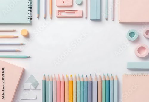 Wallpaper Mural Top view stationery set with pastel colored pencils, notebooks, eraser, sharpener, and office supplies on light pink background Torontodigital.ca