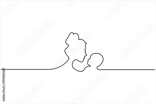 Happy mother's day one continuous line art drawing of mom holding baby design vector illustration