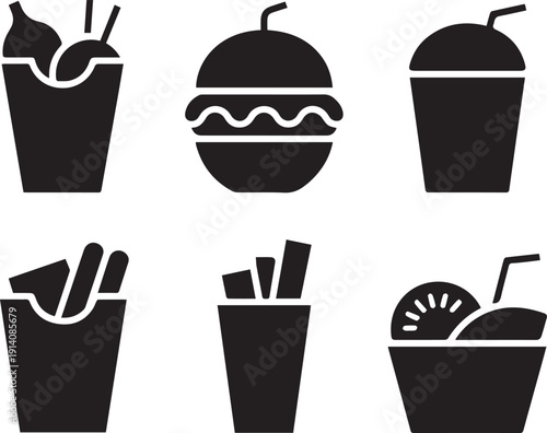 Black silhouettes of fast food items on white background silhouette icons burgers