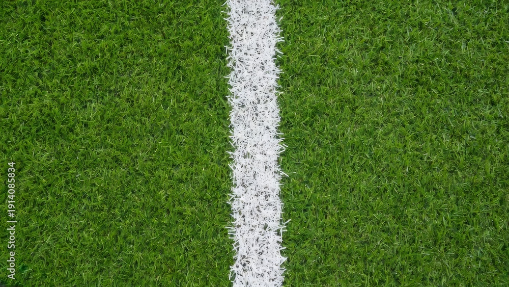 Fototapeta premium Green grass football field pitch with white boundary line