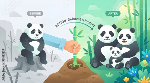 World Wildlife Day infographic showing panda habitat restoration with before and after reforestation impact