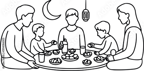 Family meal during ramadan kareem celebration, muslim parents and children iftar dinner together