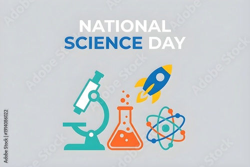 National Science Day banner with flat design icons of a microscope, rocket, beaker, and atom on a grey background