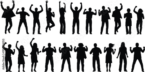 Business people celebration silhouettes vector illustration, corporate team success poses, motivation achievement, office workers cheering isolated collection set