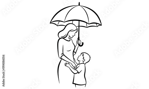 Mother shielding her child from the rain with a protective umbrella