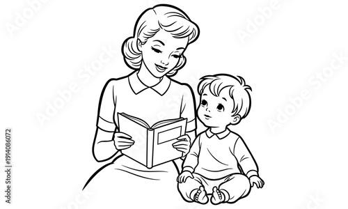 A woman reading a book to a young boy