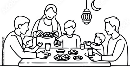 Family celebrating Ramadan feast together around table with food and lantern