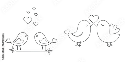 Love Birds Couple Icon Set with Heart, Romantic Silhouette and Line Art Vector Illustration for Valentine’s Day and Wedding Designs