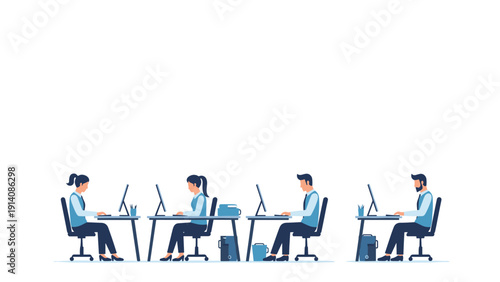 Group of employees sits in a neat row at individual computer desks working diligently on their tasks in a quiet modern office environment.
