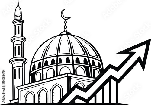 Mosque with rising arrow graph, concept of Islamic finance growth, economic development, and religious prosperity illustration
