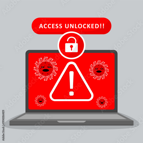Access unlocked warning on laptop screen with virus icons and alert sign. Concept of malware infection, cyber attack and scam alert.