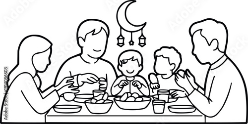 Muslim family iftar dinner during ramadan, parents and children gather for evening meal celebration