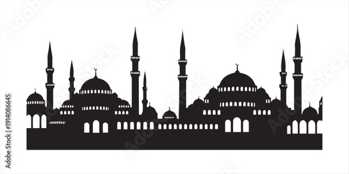 Muscat oman skyline silhouette isolated on white background, capturing the citys architectural beauty, cultural heritage, and middle eastern charm in detail