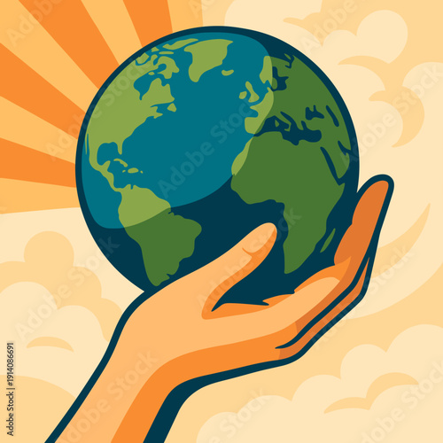 Person holding Earth with optimism against a bright sky background