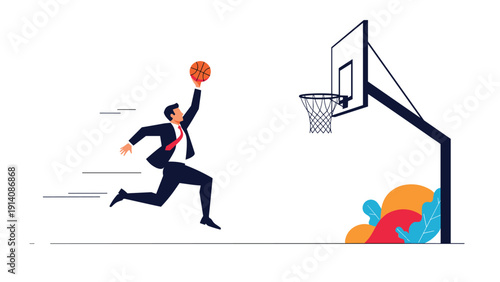 Ambitious businessman in a suit jumps high to dunk a basketball into a hoop representing high goals and professional achievement.