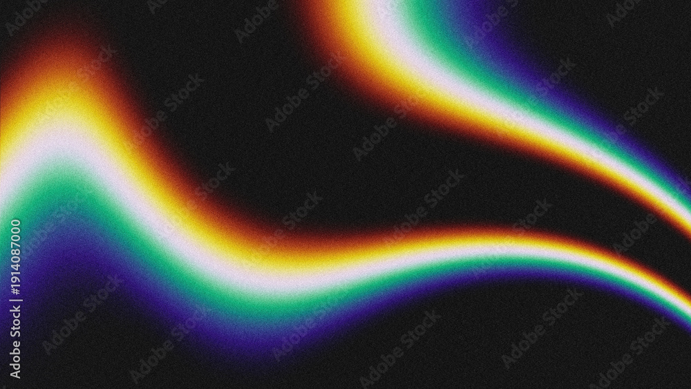 Fototapeta premium Abstract digital art featuring smooth, iridescent gradient waves with a grainy texture against a solid black background.