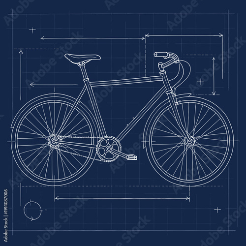 Bicycle blueprint design with measurements on a blue background