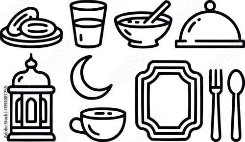 Set of ramadan kareem line art food, drink, and islamic elements icons for religious holiday