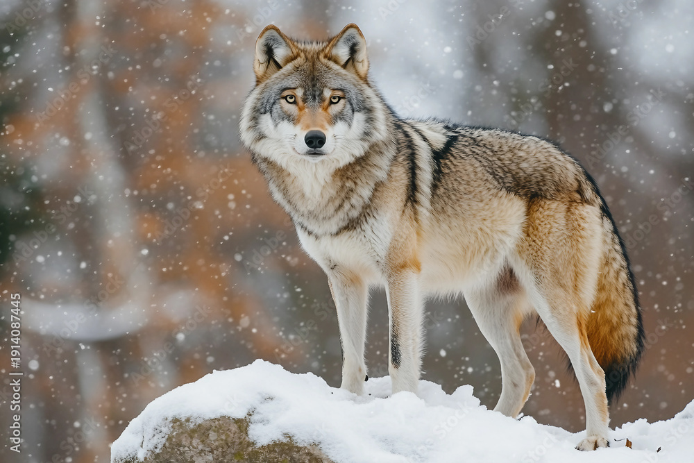 Fototapeta premium Pack of wild wolves walking through snowy forest in winter landscape, focused leader wolf in front, survival scene, generative ai