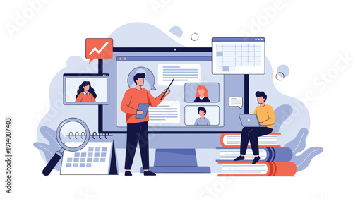 Expert educator uses a large monitor to teach various subjects online with floating video call icons and a stack of books nearby.