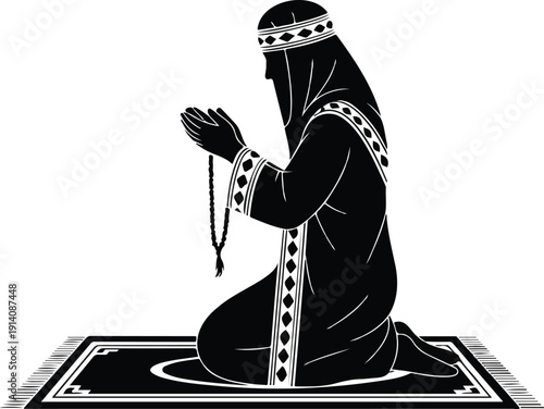 Muslim Man Performing Dua Outline Icon Set Tasbih, Prayer Mat, and Spiritual Worship