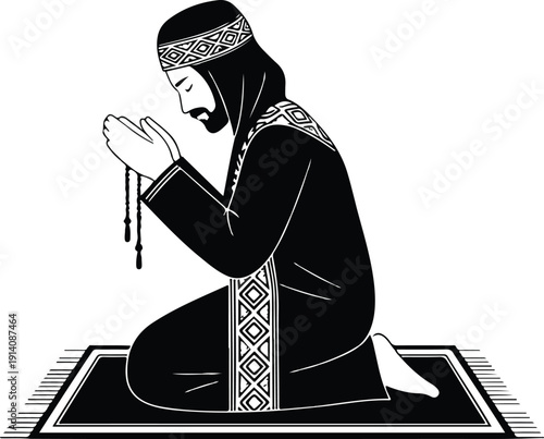 Muslim Man Performing Dua Outline Icon Set Tasbih, Prayer Mat, and Spiritual Worship