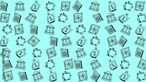 Pattern of financial icons on a light blue background. Suitable for finance websites, presentations, and social media posts.