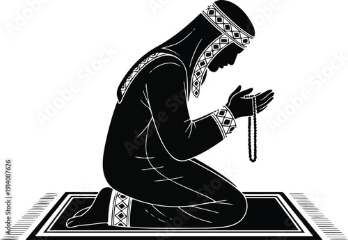 Muslim Man Performing Dua Outline Icon Set Tasbih, Prayer Mat, and Spiritual Worship