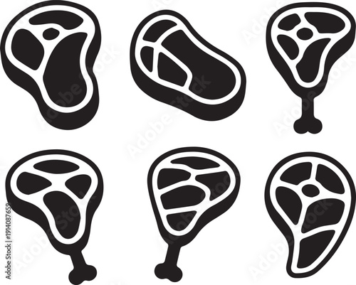 Set of six black and white illustrations of chicken leg pieces on white background