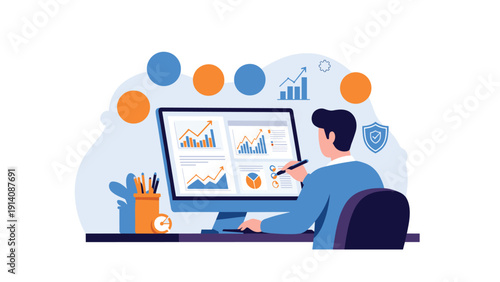 Security expert or data analyst works on a computer surrounded by floating icons for graphs, security shields, and statistical performance indicators.