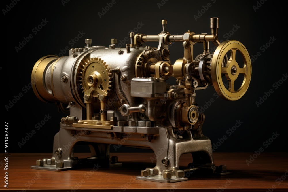 Fototapeta premium Vintage industrial machine featuring intricate brass gears and a metallic steam engine design